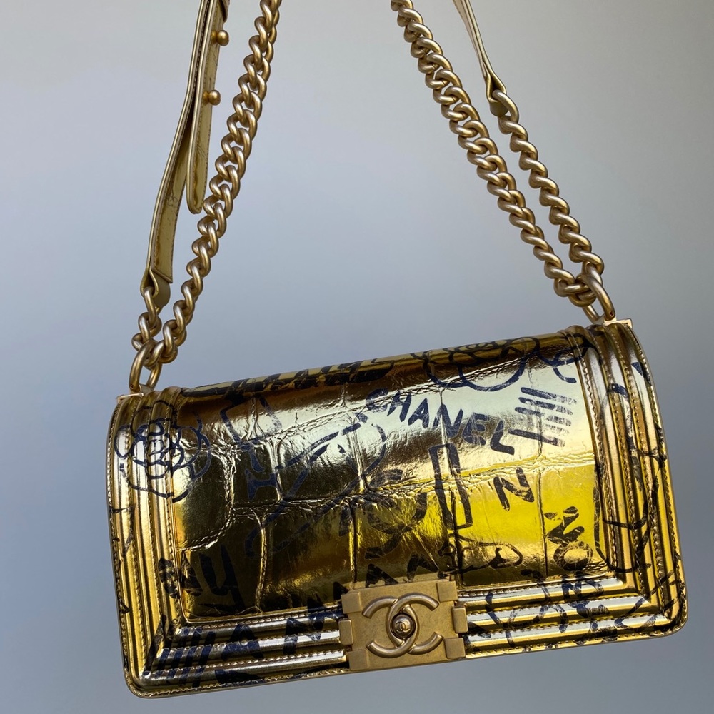 Auth crocodile embossed gold leather boybag